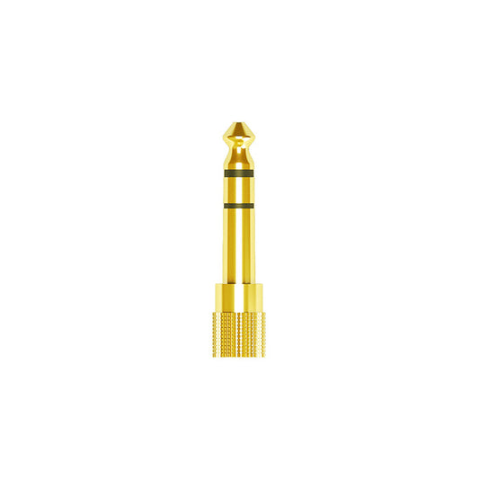 Gold 1/4" (6.3mm) adapter for stereo audio on a white background