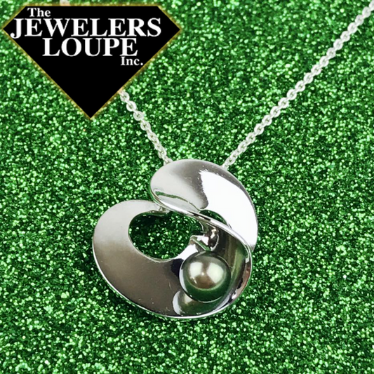 Grey Pearl set in 14K White Gold Contemporary Swirl Design Pendant.