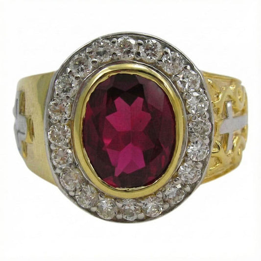 Front view of 14K gold ruby bishop ring with diamond halo and red gemstone