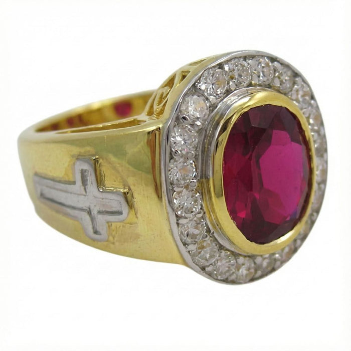 Side profile of bishop ring featuring silver cross inlay on gold band