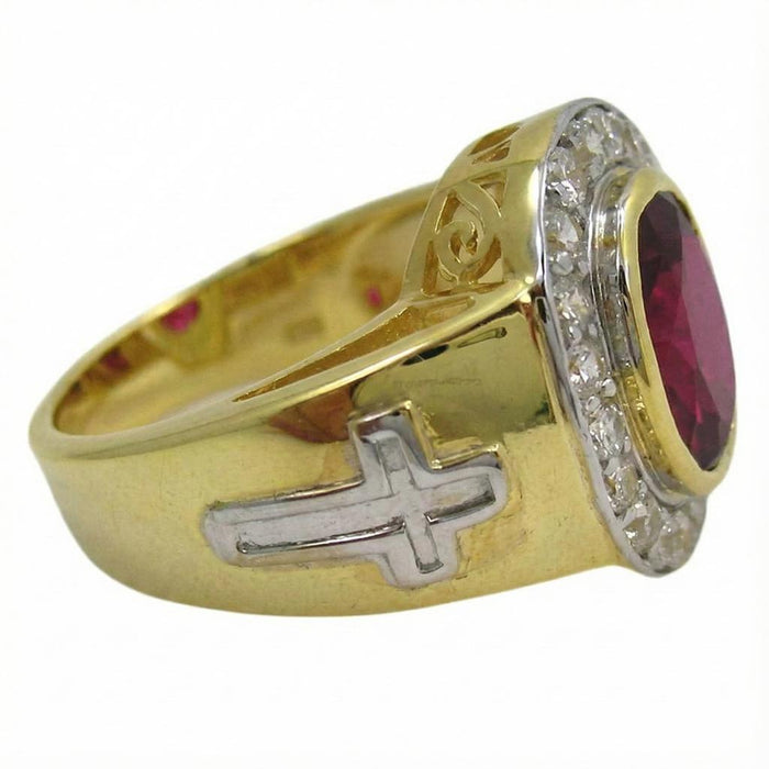 Angled view of men's religious ring showing shank thickness and ruby setting
