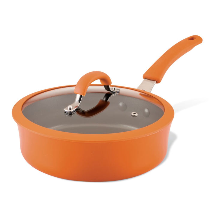 3-Quart Cook + Create Nonstick Sauté Pan with Lid, featuring a nonstick surface, glass lid, and oven-safe orange handle.
