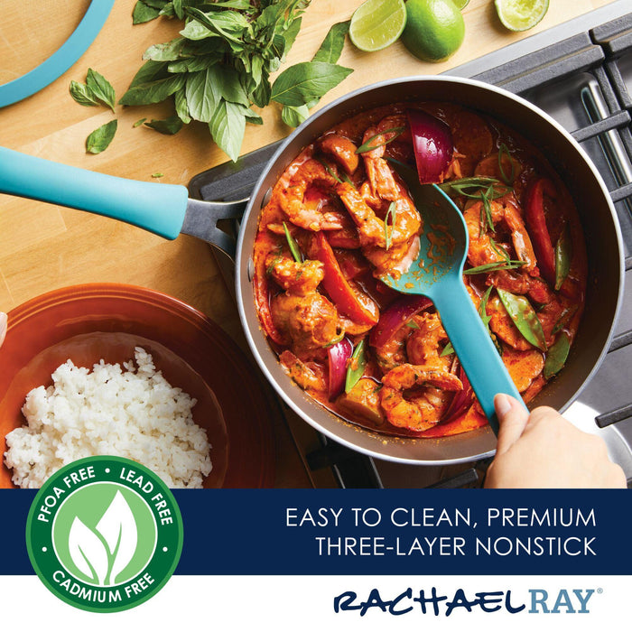 A person is expertly cooking a shrimp dish in the 3-Quart Cook + Create Nonstick Sauté Pan with Lid, with rice and herbs conveniently nearby.