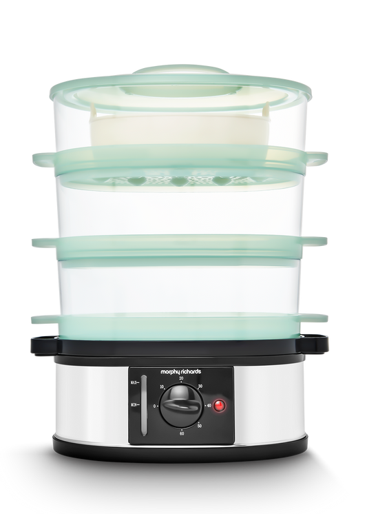 A 3 Tier Food Steamer with green and white color scheme, featuring a control panel at the front.