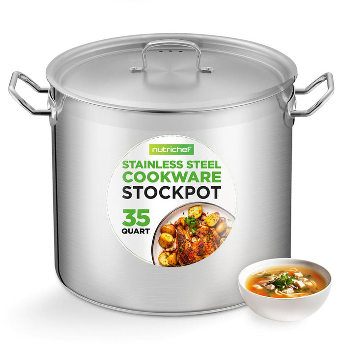 35 Qt Stainless Steel Stockpot, Even Heat, Induction Compatible