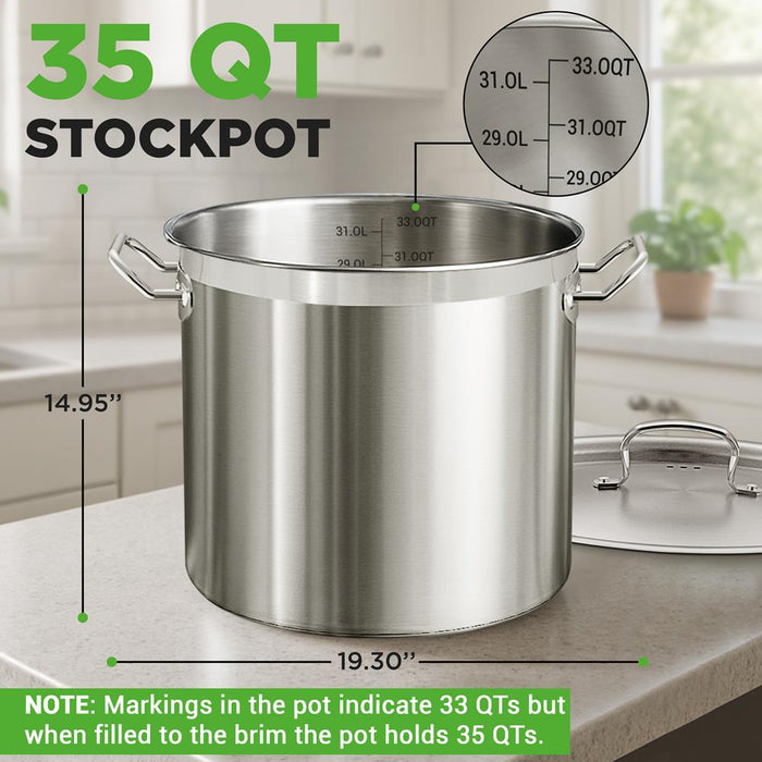 35 Qt Stainless Steel Stockpot, Even Heat, Induction Compatible