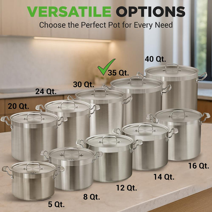 35 Qt Stainless Steel Stockpot, Even Heat, Induction Compatible
