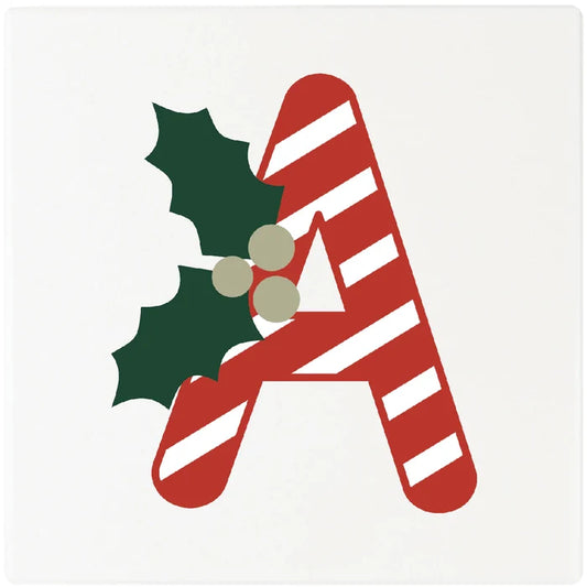 4" Absorbent Square Ceramic Monogram Coasters, Candy Cane Design, 2 Sets of 4, 8 Pieces - Christmas by Krebs Wholesale