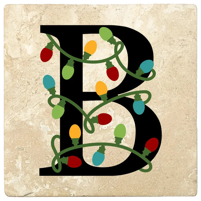 4" Absorbent Square Travertine Monogram Coasters, Christmas lights Design, 2 Sets of 4, 8 Pieces - Christmas by Krebs Wholesale