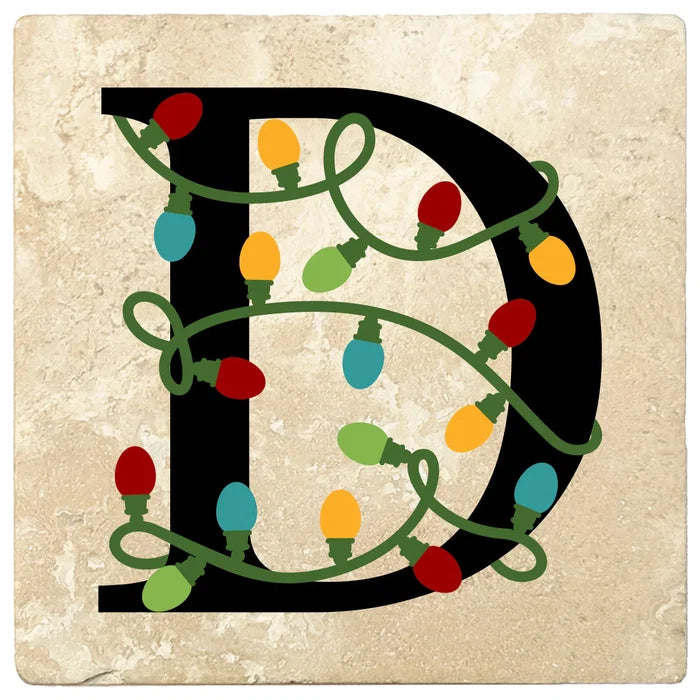 4" Absorbent Square Travertine Monogram Coasters, Christmas lights Design, 2 Sets of 4, 8 Pieces - Christmas by Krebs Wholesale