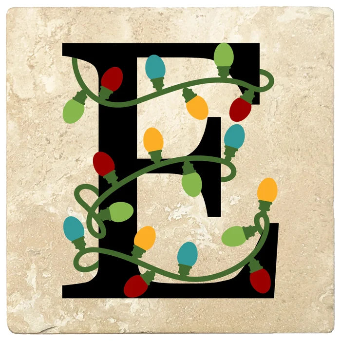 4" Absorbent Square Travertine Monogram Coasters, Christmas lights Design, 2 Sets of 4, 8 Pieces - Christmas by Krebs Wholesale
