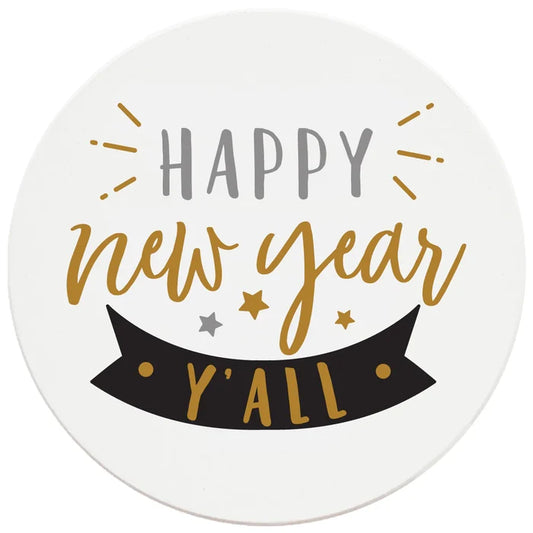 4 Inch Round Ceramic Coaster Set, Happy New Year Y'all, 2 Sets of 4, 8 Pieces - Christmas by Krebs Wholesale