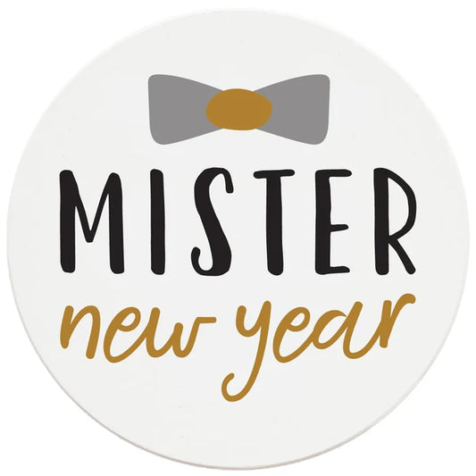 4 Inch Round Ceramic Coaster Set, Mister New Year, 2 Sets of 4, 8 Pieces - Christmas by Krebs Wholesale