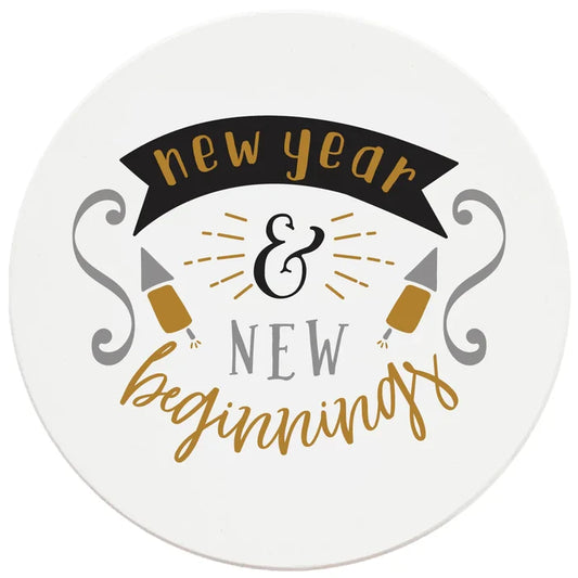 4 Inch Round Ceramic Coaster Set, New Year New Beginnings, 2 Sets of 4, 8 Pieces - Christmas by Krebs Wholesale