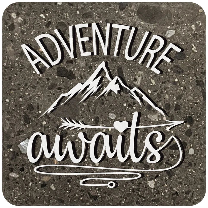 4" Square Black Stone Coaster - Adventure Awaits, 2 Sets of 4, 8 Pieces - Christmas by Krebs Wholesale
