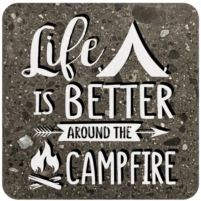 4" Square Black Stone Coaster - Life Is Better Around The Campfire, 2 Sets of 4, 8 Pieces - Christmas by Krebs Wholesale