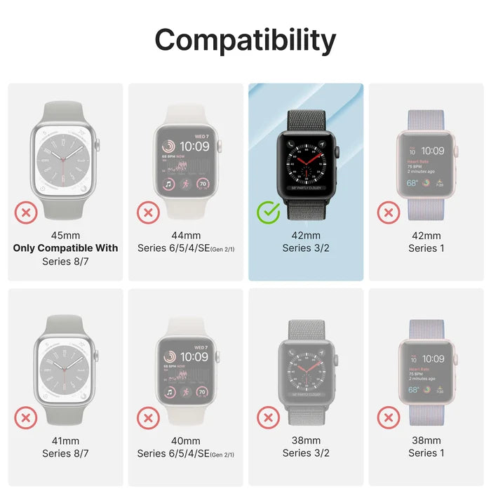 Only the 42mm Apple Watch Series 3/2 is compatible with the Catalyst Case US 100M Waterproof Case + Band. All other models, including Series 7/8 (45mm, 41mm), Series 6/5/4/SE (44mm, 40mm), and any 38mm models, are not supported.