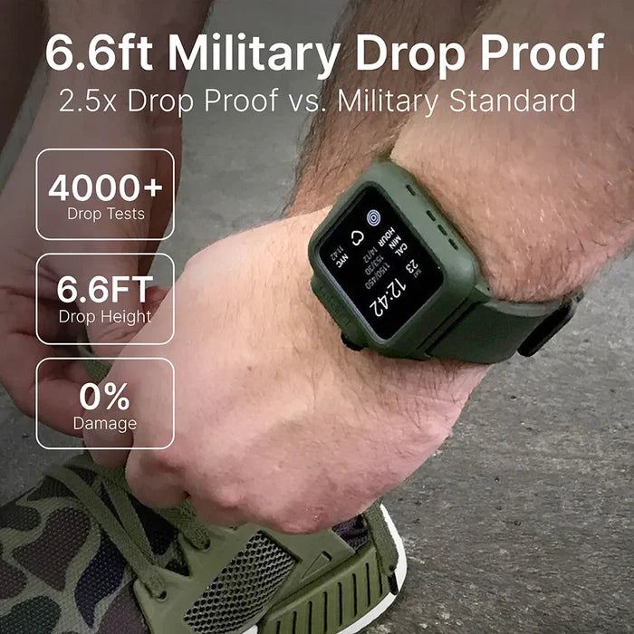A close-up shows a person tying a shoelace while wearing the Catalyst Case US 42mm - 100M Waterproof Case + Band for Apple Watch Series 3/2. On-screen text reads: “6.6ft Military Drop Proof,” “4000+ Drop Tests,” “6.6FT Drop Height,” and “0% Damage.”.