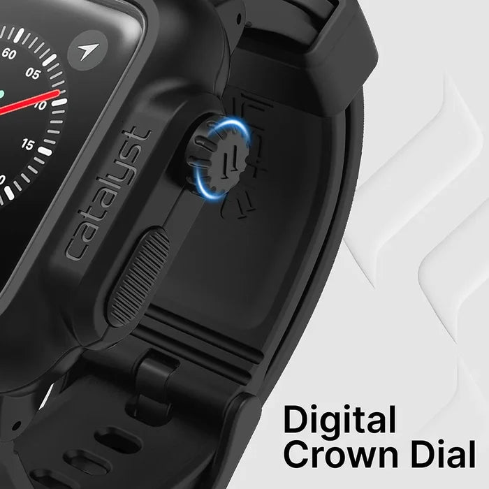 Close-up of a 42mm Catalyst Case US waterproof case and band for Apple Watch Series 3/2 in black, showing the side button labeled "catalyst" and glowing blue digital crown dial. The ventilated strap appears against a patterned white background with “Digital Crown Dial” text.