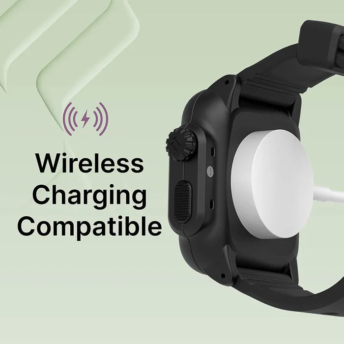 A close-up of the Catalyst Case US 42mm - 100M Waterproof Case + Band for Apple Watch Series 3/2 on its side, connected to a round white wireless charging pad. “Wireless Charging Compatible” appears on the left over a light green background with soft shapes.