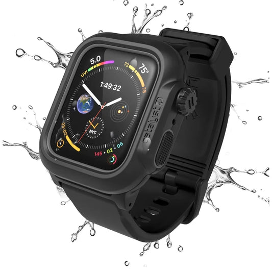 The Catalyst Case US 44mm 100M Waterproof Case + Band for Apple Watch Series 6/5/4/SE (Gen 2/1) features a rugged black design, vibrant display, silicone band, side buttons, and splash-proof performance for time, activity, and weather tracking.