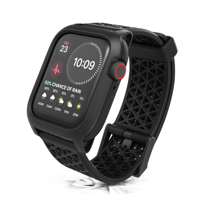 The Catalyst Case US 44mm Rugged Case + Band for Apple Watch Series 6/5/4/SE (Gen 2/1) is shown in black, displaying the time (10:09), Fri 23, heart rate, and a weather forecast with a 60% chance of rain.