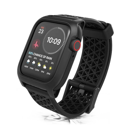The Catalyst Case US 44mm Rugged Case + Band for Apple Watch Series 6/5/4/SE (Gen 2/1) is shown in black, displaying the time (10:09), Fri 23, heart rate, and a weather forecast with a 60% chance of rain.