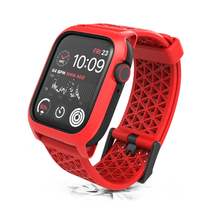 The Catalyst Case US 44mm Rugged Case + Band for Apple Watch Series 6/5/4/SE (Gen 2/1) features a bold red design with a geometric-patterned band, displaying time, date, heart rate, activity rings, and NYC weather.