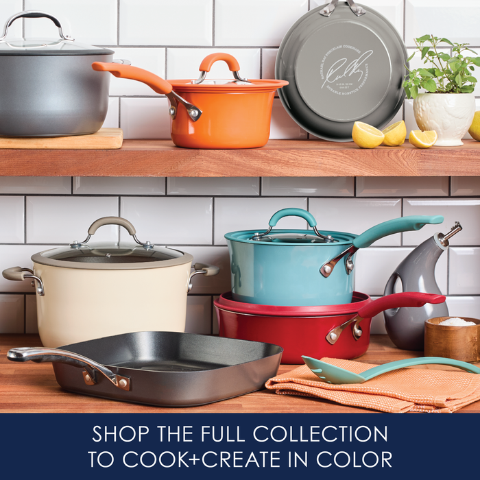 A vibrant cookware set graces the kitchen shelves, featuring the 5-Quart Cook + Create Nonstick Dutch Oven with Lid, perfect for stove-to-oven recipes. Complete with cooking accessories, this set ensures an easy-clean cooking surface for hassle-free culinary adventures.