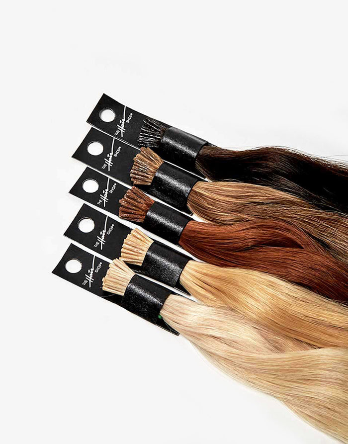 Row of 707 exclusive I-tip extension bundles in a variety of colors