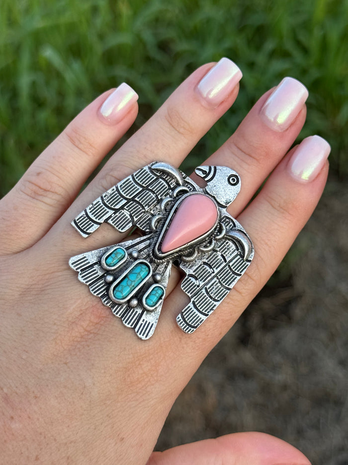 XL Pink Turquoise Thunderbird Ring