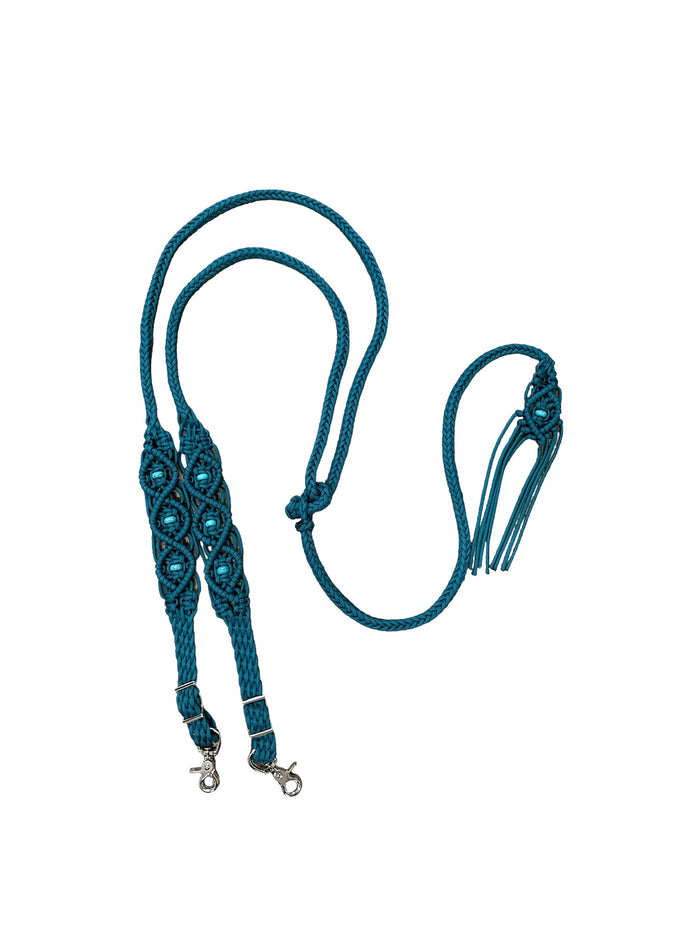8' Fancy  braided beaded teal loop reins with turquoise howlite and a romal. - Tiffanys Braided Tack LLC
