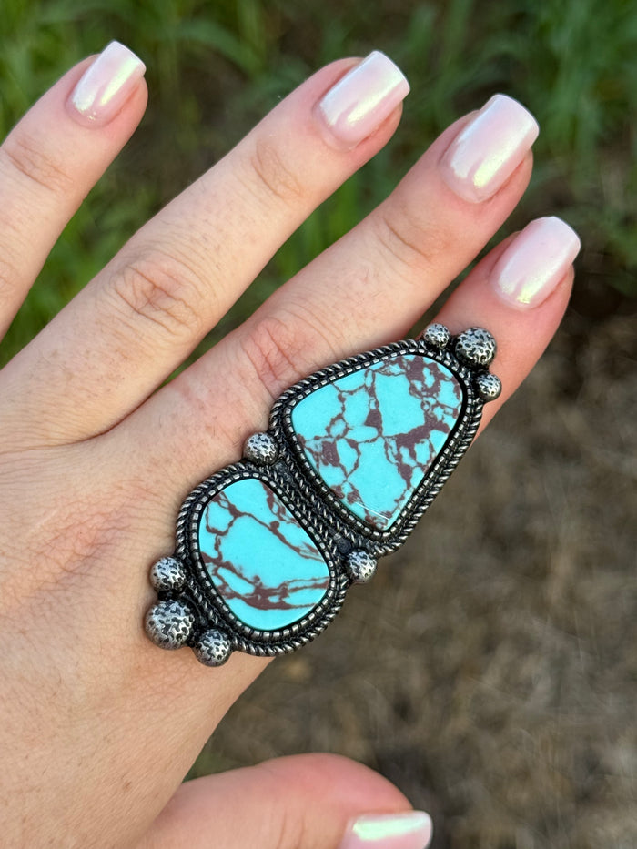 XL Adjustable Double Turquoise Stone Stretch Ring