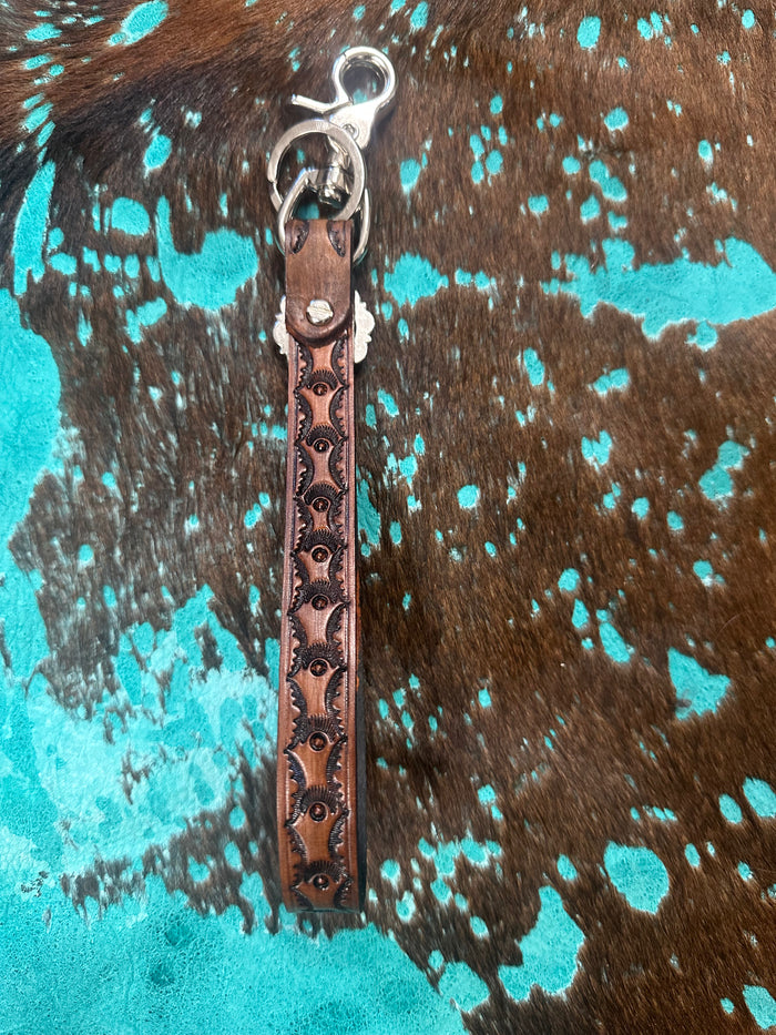hand tooled and painted key chain wristlet