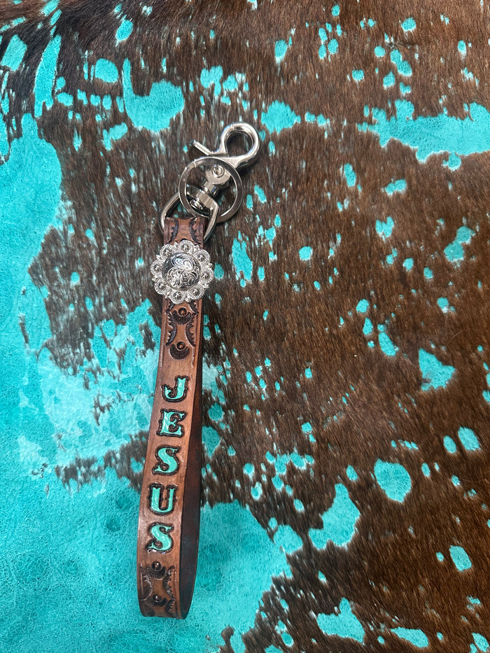 hand tooled and painted key chain wristlet