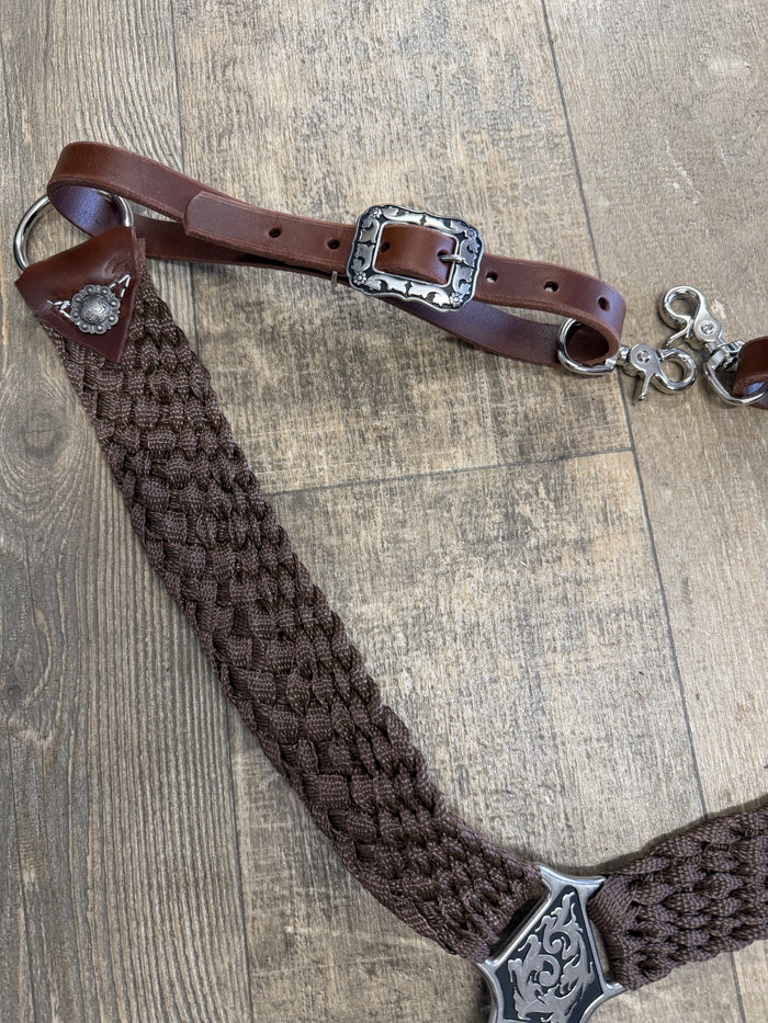 horse breast collar mule tape in brown with leather tugs conchos and Jeremiah Watt hardware