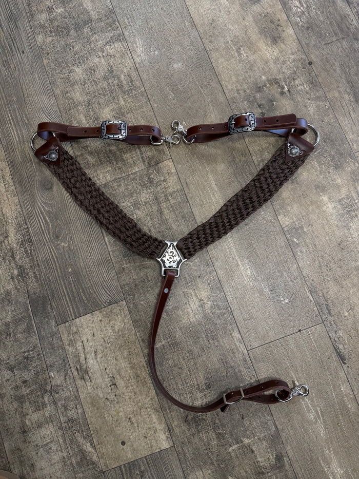 horse breast collar mule tape in brown with leather tugs conchos and Jeremiah Watt hardware