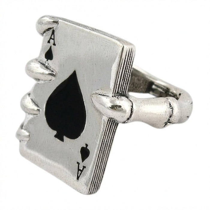 Opposite side view of Ace of Spades ring showing skeleton thumb grip and layered card edge detail