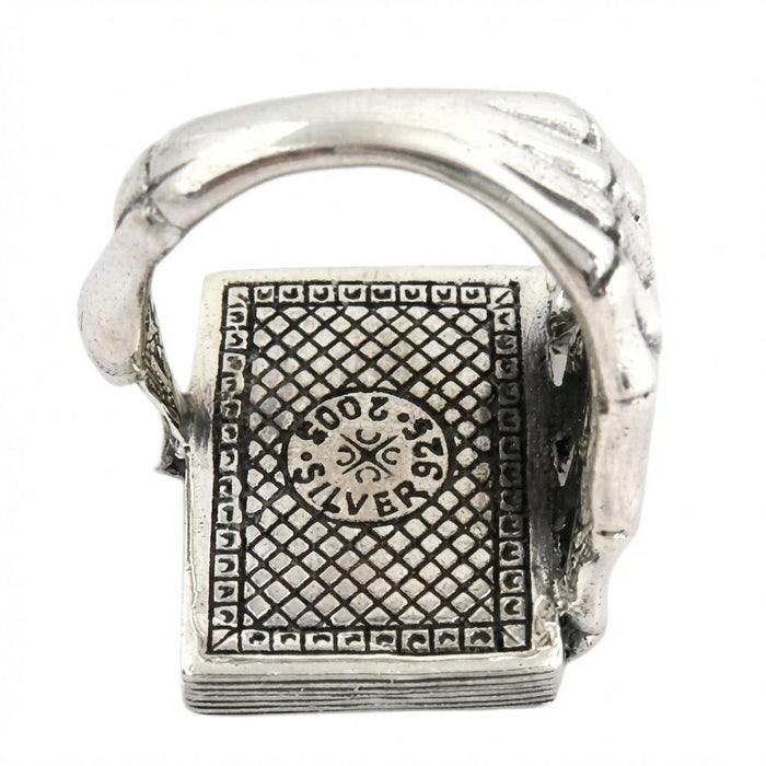Back of Ace of Spades ring showing 925 sterling silver hallmark and decorative card-back pattern