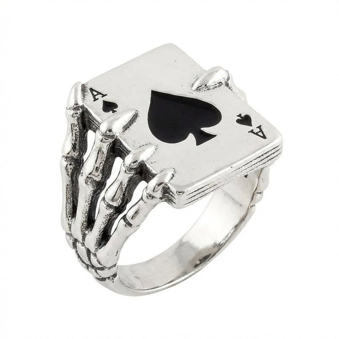 Complete view of 30-gram sterling silver Ace of Spades skeleton hand ring for bikers and gamblers