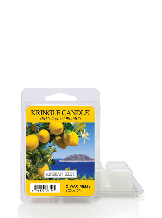 Packaging of Kringle Candle Aegean Zest wax melts with lemons, leaves, and ocean in the background. Text: 6 wax melts.