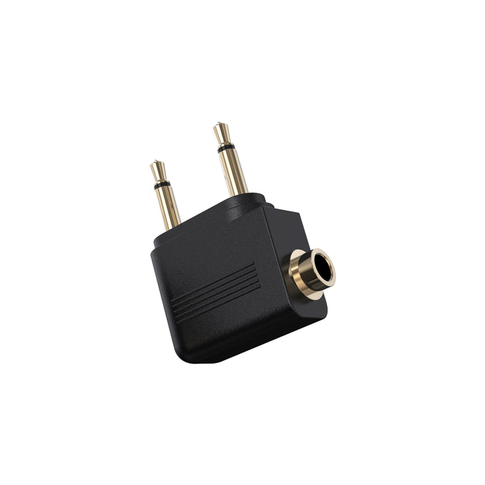 A Black 2-prong adapter for international flights