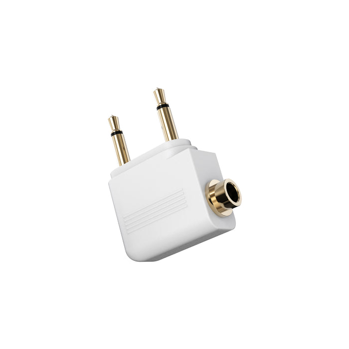 A White 2-prong adapter for international flights