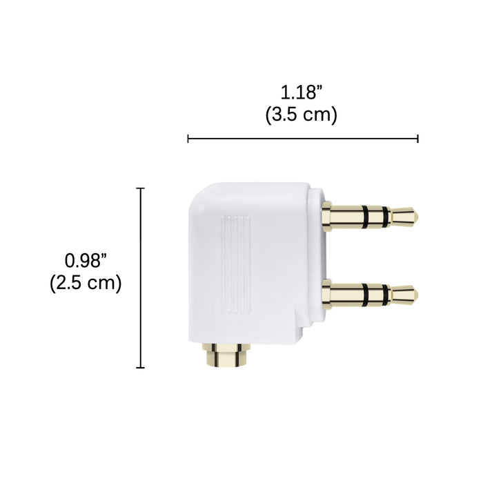 White Travel Adapter for planes with dimensions on a white background