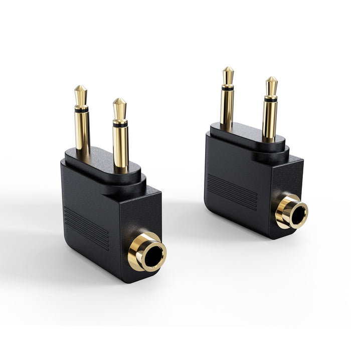 Two Black 2-prong adapters for international flights side-by-side