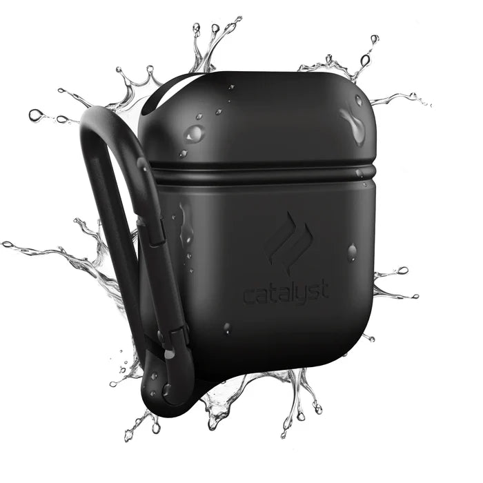 The Catalyst Case US AirPods (Gen 2/1) Waterproof Case in Black is shown with a carabiner and water splashes, emphasizing its durability and waterproof protection. No product description text appears in the image for SEO analysis.