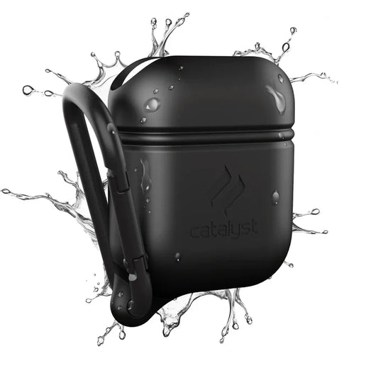 The Catalyst Case US AirPods (Gen 2/1) Waterproof Case in Black is shown with a carabiner and water splashes, emphasizing its durability and waterproof protection. No product description text appears in the image for SEO analysis.
