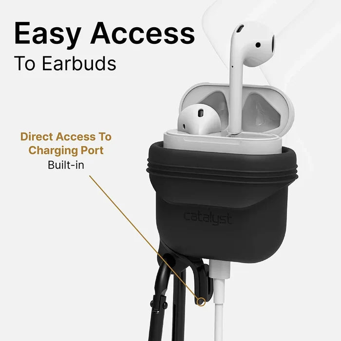 A pair of AirPods (Gen 2/1) in an open charging case is secured in a black Catalyst Case US Waterproof Case + Carabiner. Text reads ÃƒÂ¢Ã¢â€šÂ¬Ã…â€œEasy Access To Earbuds,ÃƒÂ¢Ã¢â€šÂ¬Ã‚Â highlighting the built-in charging port with cable attached.