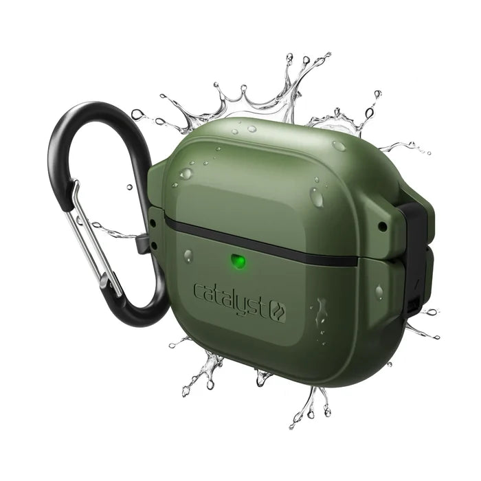 An Army Green Catalyst Case US AirPods (Gen 3) 330ft Waterproof Total Protection Case with carabiner is shown on a white background, water splashes outward, and a small green indicator light glows on the front.