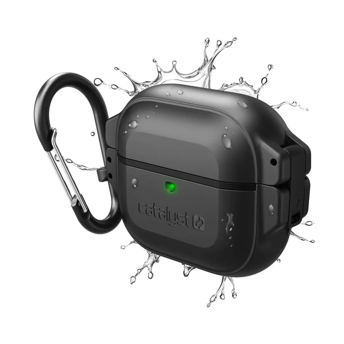 The Catalyst Case US AirPods (Gen 3) 330ft Waterproof Total Protection Case in Stealth Black is shown with a carabiner and water splashes, showcasing durable, reliable protection and ideal waterproof performance for your wireless earbuds.